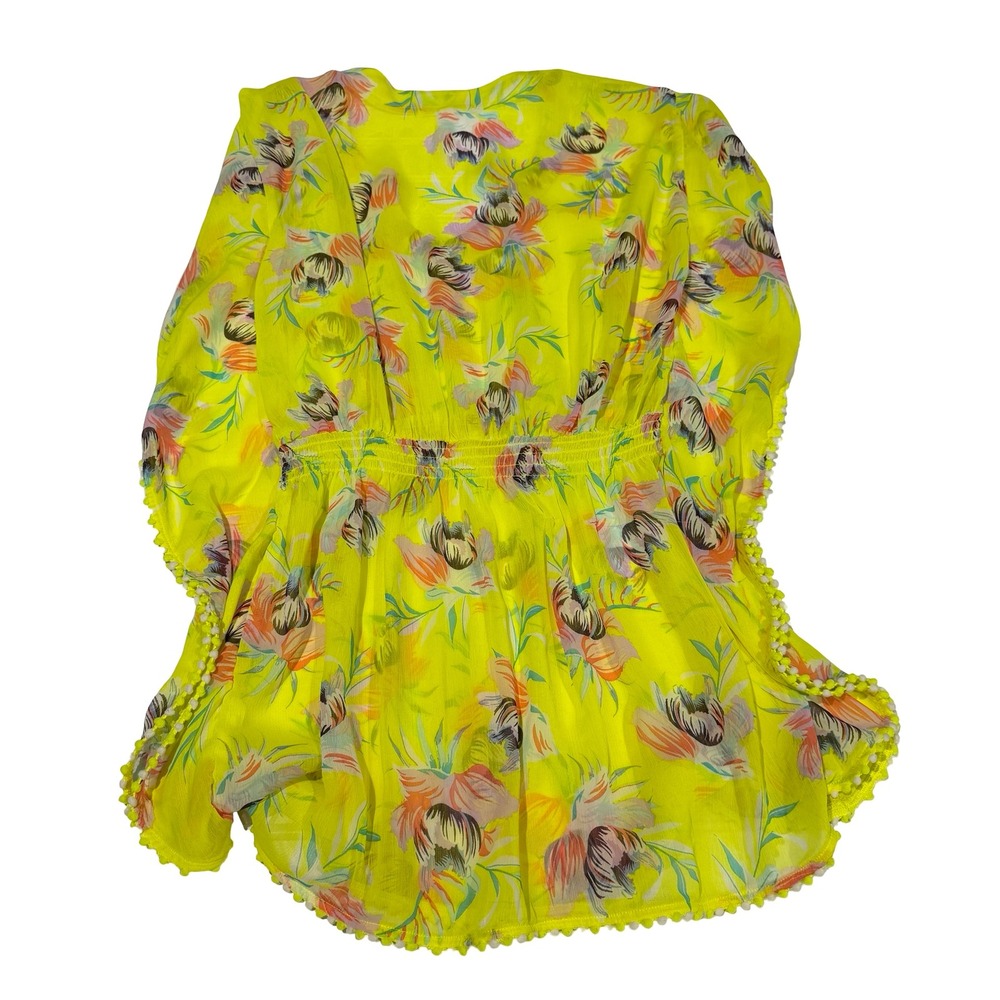 Miken Swim Neon Yellow Floral Pom Pom Kaftan Cover‎ Up Smocked Waist Medium